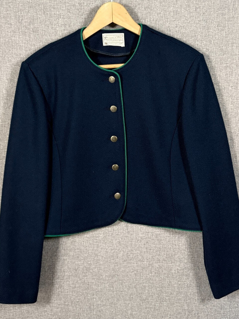Vintage 80s Pendleton Virgin Wool Cropped Jacket Womens 14 Navy Blue Green Trim
